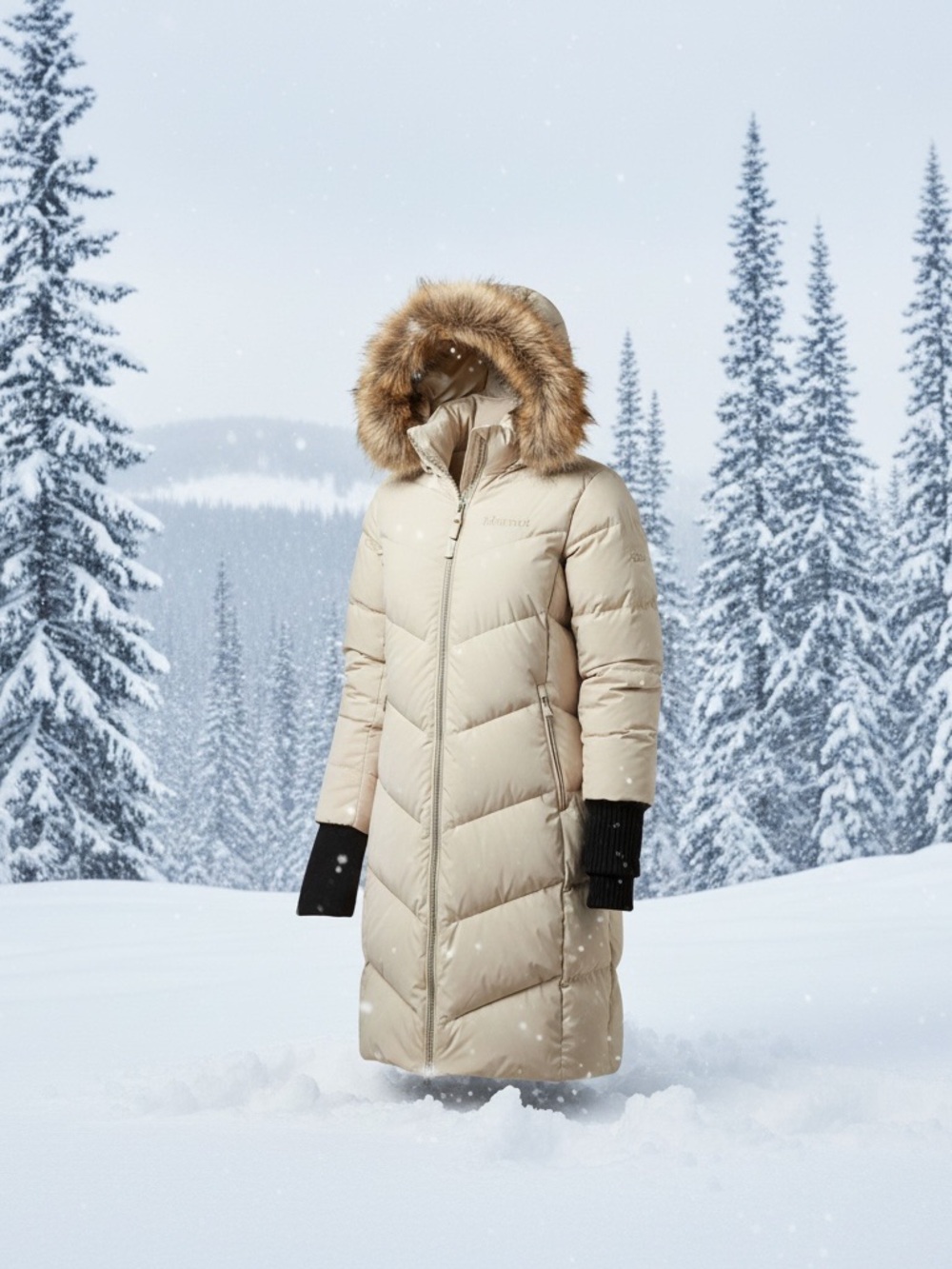 Marmot Women's Long Puffer Coat with Faux-Fur Trim - Cream